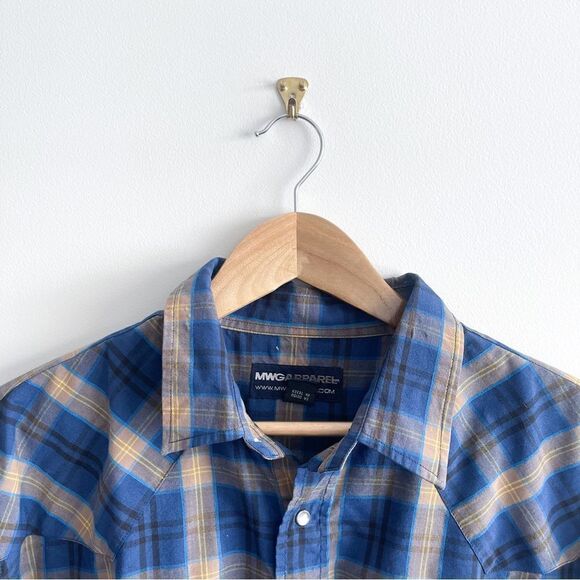 MWG Apparel Western Shirt Men's L Snap-Up Blue Gold Black Plaid Long-Sleeved - Picture 4 of 11